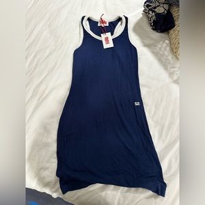 Solid and stripe size small body con dress new with tags navy